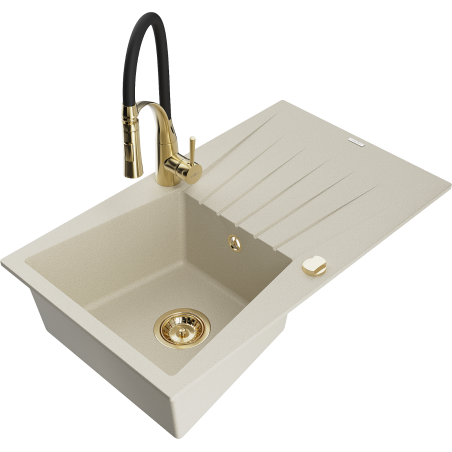Mexen Cesar 1-bowl Granite Sink with Drainer and Aster Kitchen Faucet, Beige - 6514-69-73450-57-G