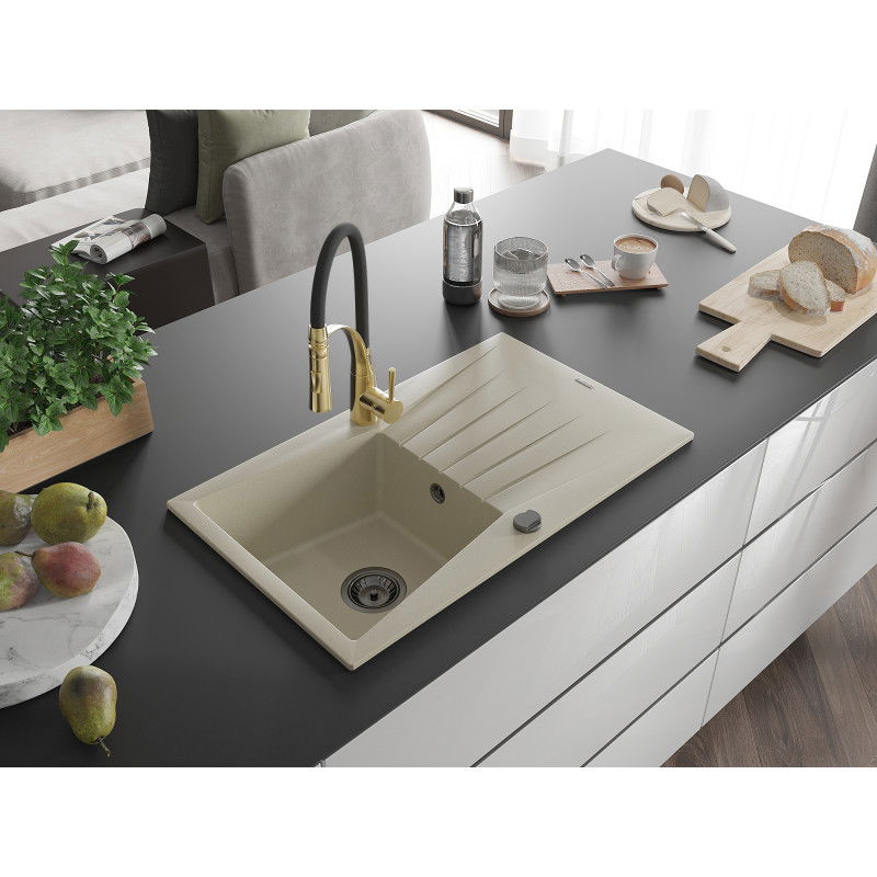 Mexen Cesar 1-bowl granite sink with drainer and Aster kitchen tap, beige - 6514-69-73450-57-B
