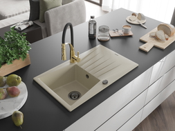 Mexen Cesar granite single-bowl sink with drainer and Aster kitchen faucet, beige - 6514-69-73450-57-B