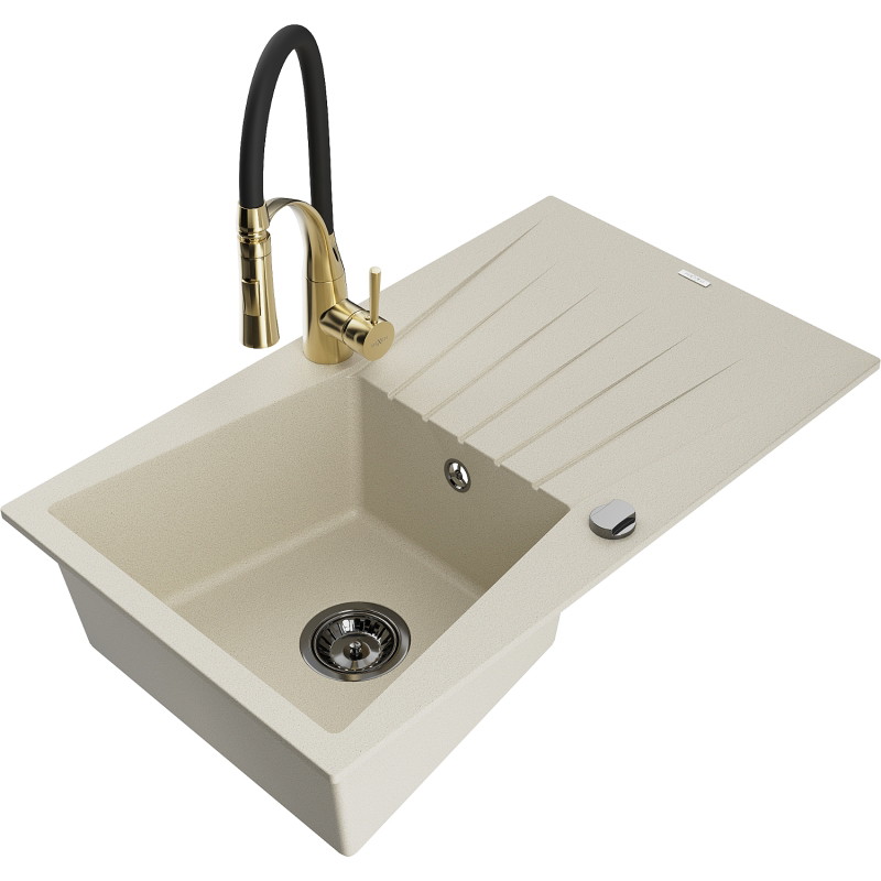 Mexen Cesar granite single-bowl sink with drainer and Aster kitchen faucet, beige - 6514-69-73450-57-B