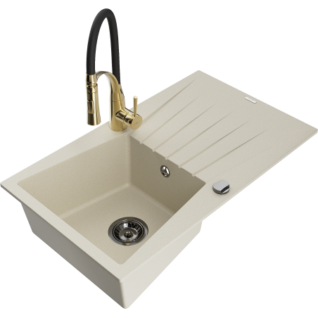 Mexen Cesar granite single-bowl sink with drainer and Aster kitchen faucet, beige - 6514-69-73450-57-B
