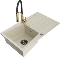 Mexen Cesar granite single-bowl sink with drainer and Aster kitchen faucet, beige - 6514-69-73450-57-B