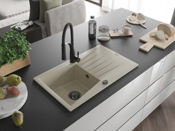 Mexen Cesar 1-compartment granite sink with a drip tray and kitchen mixer tap Aster, Beige - 6514-69-73450-70-B