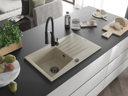 Mexen Cesar granite kitchen sink 1-bowl with drainer and kitchen faucet Aster, beige - 6514-69-73450-70-B