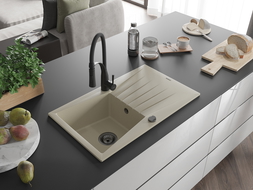 Mexen Cesar granite sink 1-bowl with drainer and Aster kitchen tap, beige - 6514-69-73450-70-B