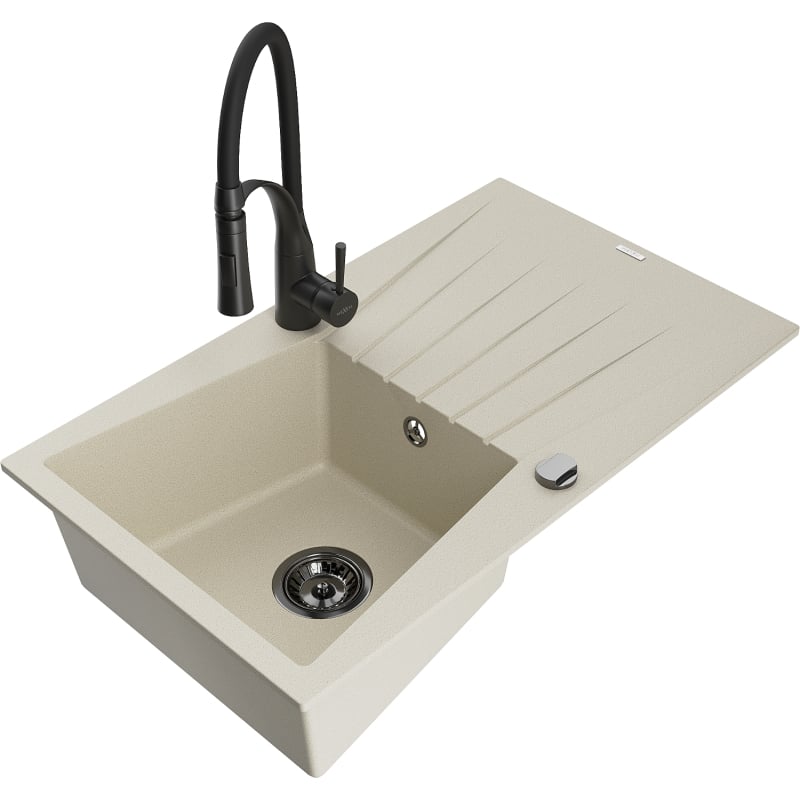 Mexen Cesar 1-bowl granite sink with drainer and Aster kitchen faucet, beige - 6514-69-73450-70-B