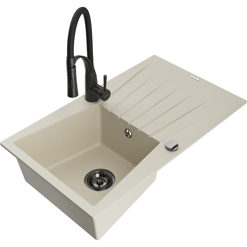 Mexen Cesar granite sink 1-bowl with drainer and Aster kitchen tap, beige - 6514-69-73450-70-B