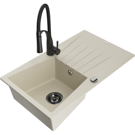 Mexen Cesar 1-bowl granite sink with drainer and Aster kitchen faucet, beige - 6514-69-73450-70-B