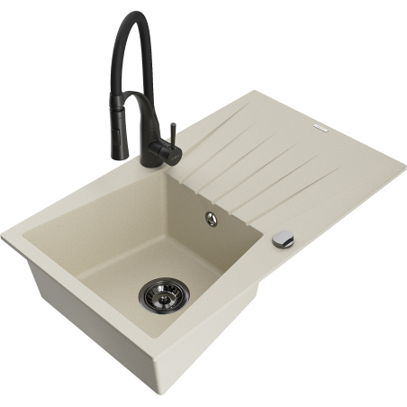 Mexen Cesar granite sink 1-bowl with drainer and Aster kitchen tap, beige - 6514-69-73450-70-B
