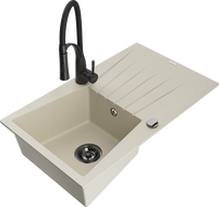 Mexen Cesar 1-compartment granite sink with a drip tray and kitchen mixer tap Aster, Beige - 6514-69-73450-70-B