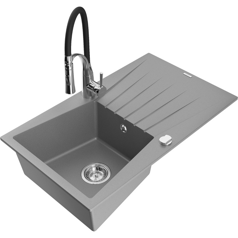 Mexen Cesar 1-bowl granite sink with drainer and Aster kitchen faucet, gray - 6514-71-73450-07