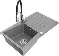 Mexen Cesar 1-bowl granite kitchen sink with drainer and Aster kitchen faucet, gray - 6514-71-73450-07