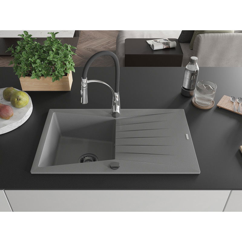 Mexen Cesar 1-Bowl Granite Kitchen Sink with Drainer and Aster Kitchen Tap, Grey - 6514-71-73450-07-B