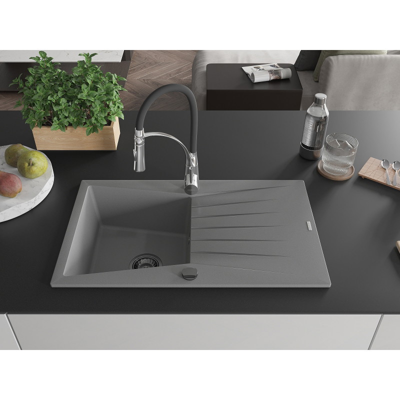 Mexen Cesar granite kitchen sink 1-bowl with drainer and Aster kitchen faucet, gray - 6514-71-73450-07-B