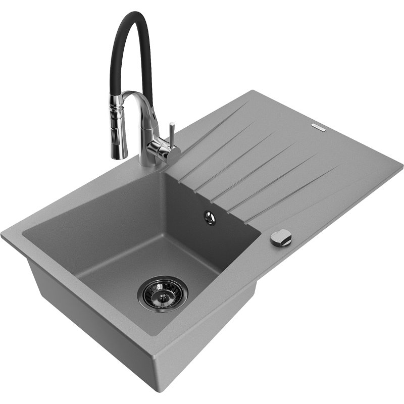 Mexen Cesar 1-compartment granite sink with a drip tray and kitchen mixer tap Aster, Grey - 6514-71-73450-07-B