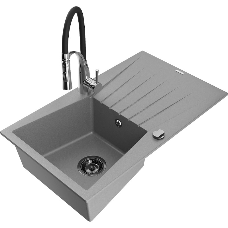 Mexen Cesar granite kitchen sink 1-bowl with drainer and Aster kitchen faucet, gray - 6514-71-73450-07-B