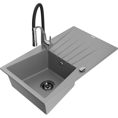 Mexen Cesar 1-Bowl Granite Kitchen Sink with Drainer and Aster Kitchen Tap, Grey - 6514-71-73450-07-B
