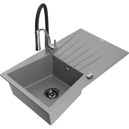 Mexen Cesar granite kitchen sink 1-bowl with drainer and Aster kitchen faucet, gray - 6514-71-73450-07-B