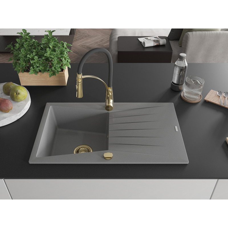 Mexen Cesar granite sink 1-bowl with drainer and kitchen faucet Aster, gray - 6514-71-73450-57-G