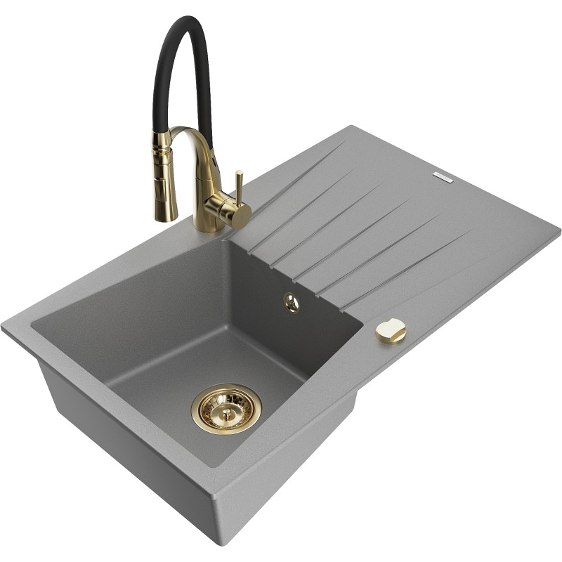 Mexen Cesar granite sink 1-bowl with drainer and kitchen faucet Aster, gray - 6514-71-73450-57-G