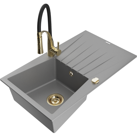 Mexen Cesar 1-compartment granite sink with a drip tray and kitchen mixer tap Aster, Grey - 6514-71-73450-57-G