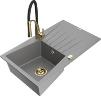 Mexen Cesar 1-compartment granite sink with a drip tray and kitchen mixer tap Aster, Grey - 6514-71-73450-57-G