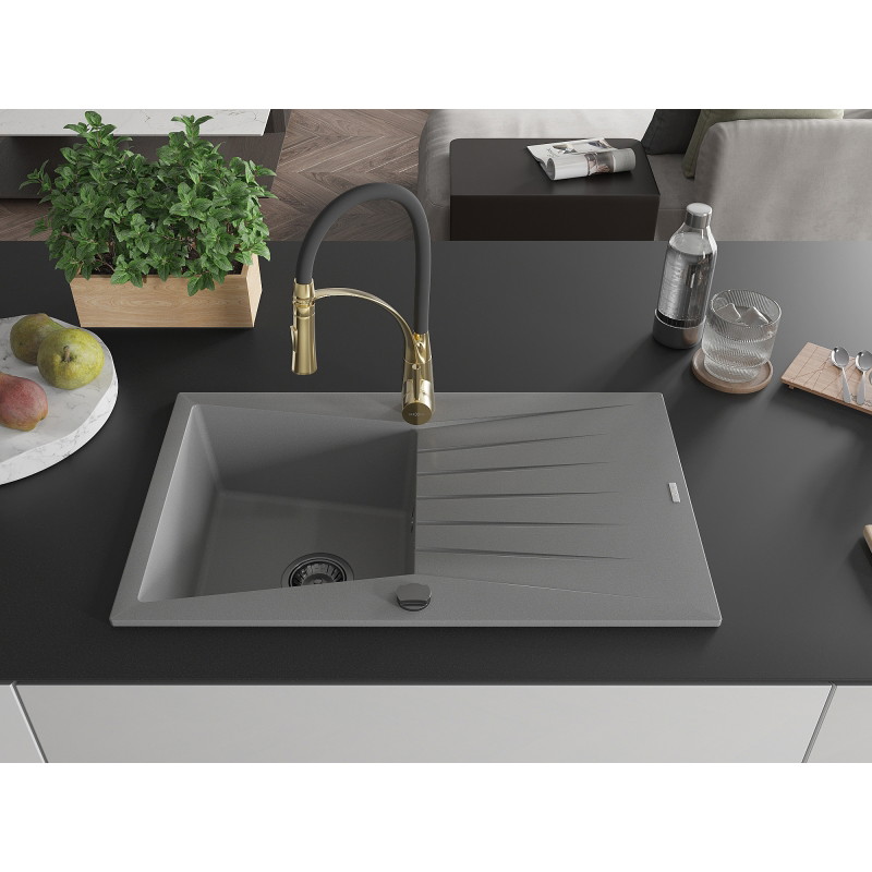 Mexen Cesar 1-bowl granite sink with drainer and Aster kitchen faucet, gray - 6514-71-73450-57-B