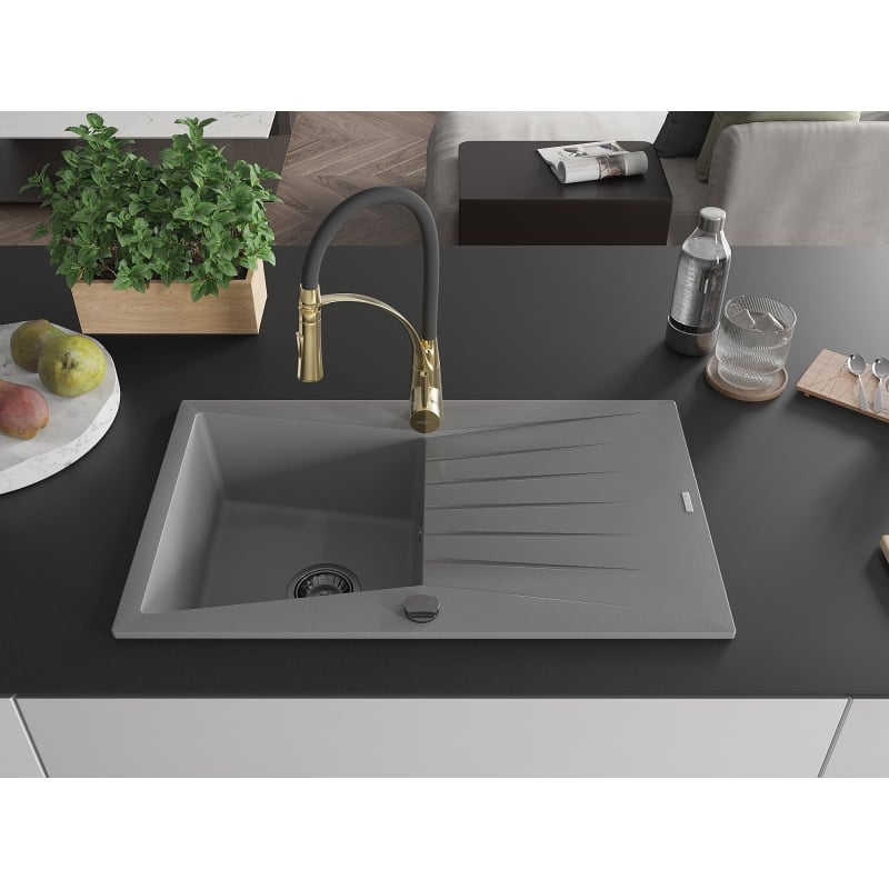 Mexen Cesar granite kitchen sink 1-bowl with drainer and Aster kitchen faucet, gray - 6514-71-73450-57-B