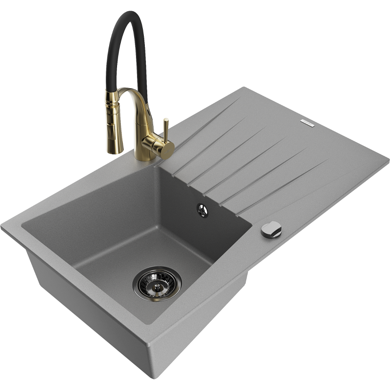 Mexen Cesar 1-compartment granite sink with a drip tray and kitchen mixer tap Aster, Grey - 6514-71-73450-57-B