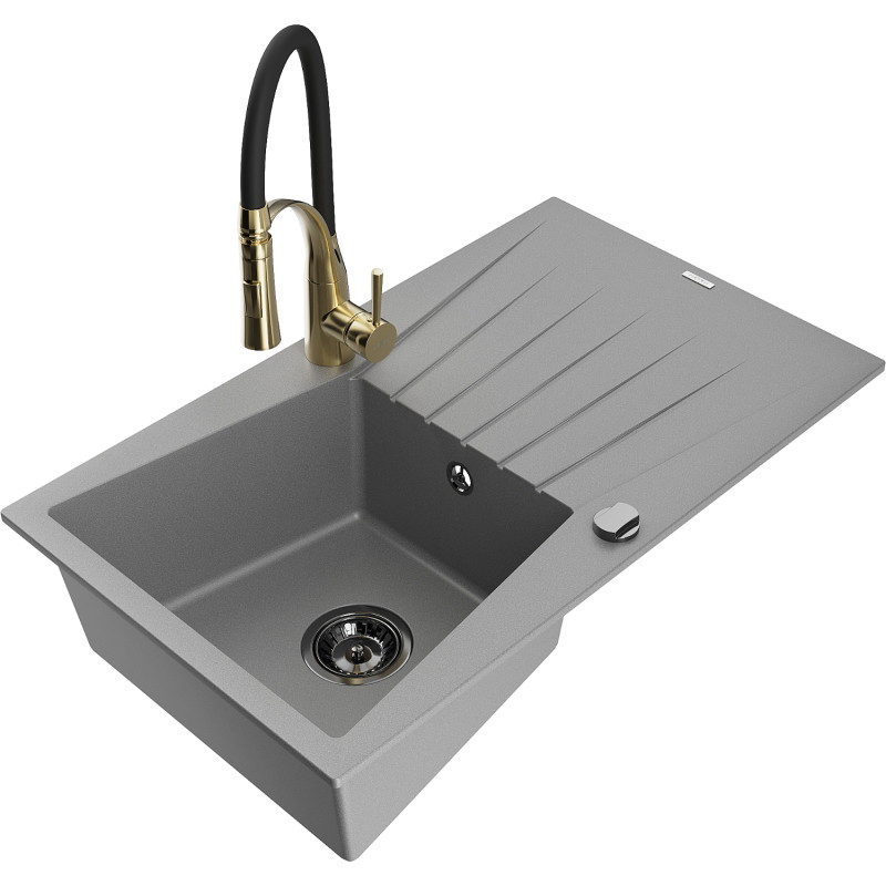 Mexen Cesar granite kitchen sink 1-bowl with drainer and Aster kitchen faucet, gray - 6514-71-73450-57-B