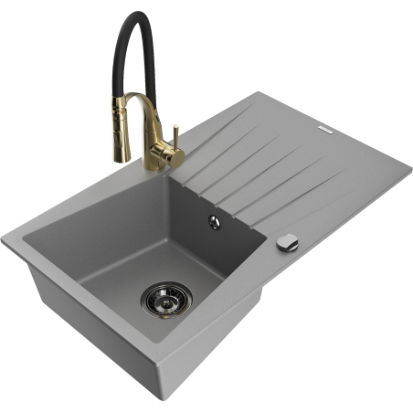 Mexen Cesar 1-bowl granite sink with drainer and Aster kitchen faucet, gray - 6514-71-73450-57-B
