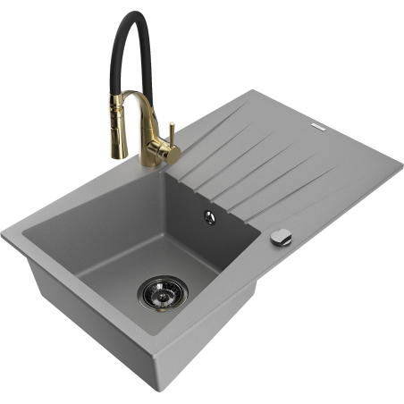 Mexen Cesar granite kitchen sink 1-bowl with drainer and Aster kitchen faucet, gray - 6514-71-73450-57-B