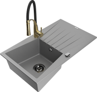 Mexen Cesar 1-bowl granite sink with drainer and Aster kitchen faucet, gray - 6514-71-73450-57-B