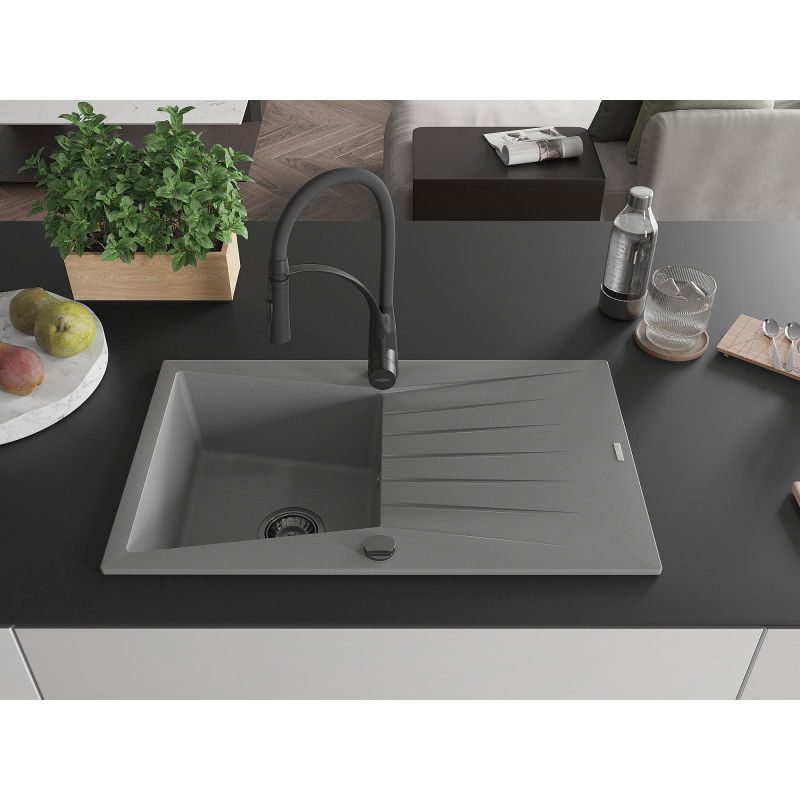 Mexen Cesar granite sink 1-bowl with drainer and Aster kitchen tap, grey - 6514-71-73450-70-B