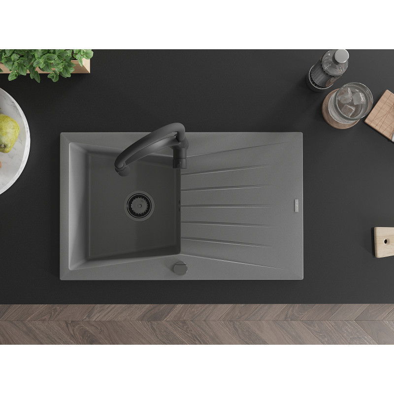 Mexen Cesar granite sink 1-bowl with drainer and Aster kitchen tap, grey - 6514-71-73450-70-B