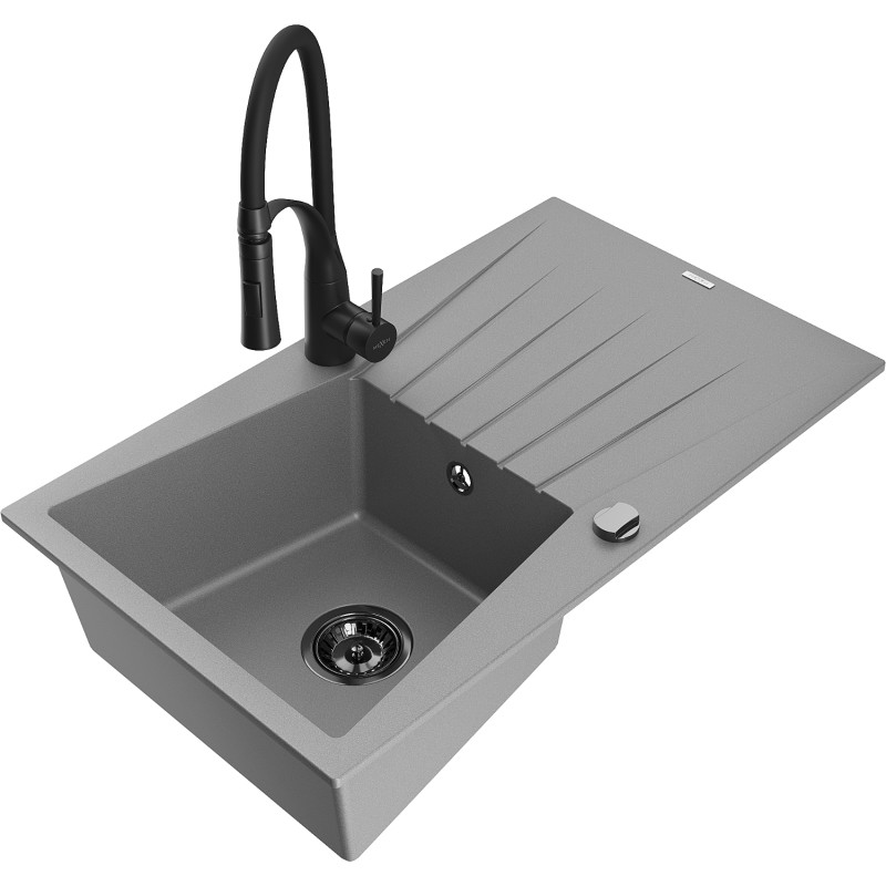 Mexen Cesar 1-bowl granite sink with drainer and kitchen faucet Aster, gray - 6514-71-73450-70-B