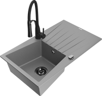 Mexen Cesar granite sink 1-bowl with drainer and Aster kitchen tap, grey - 6514-71-73450-70-B