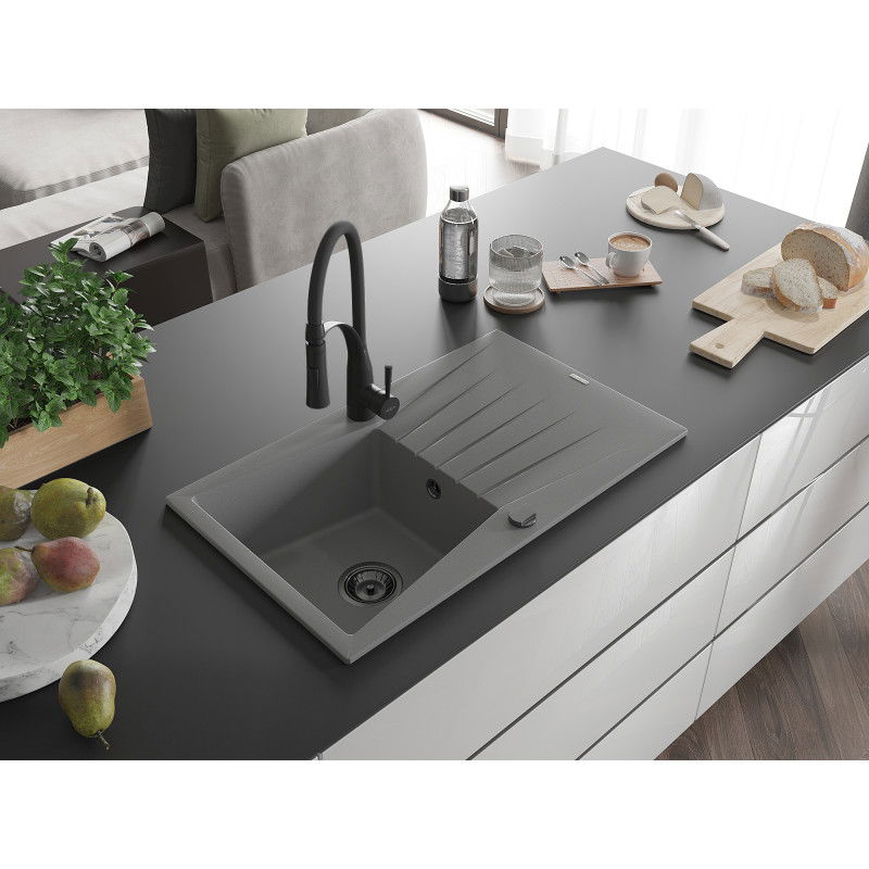 Mexen Cesar granite sink 1-bowl with drainer and Aster kitchen tap, grey - 6514-71-73450-70-B