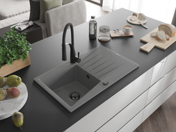 Mexen Cesar granite kitchen sink 1-bowl with drainer and kitchen faucet Aster, gray - 6514-71-73450-70-B