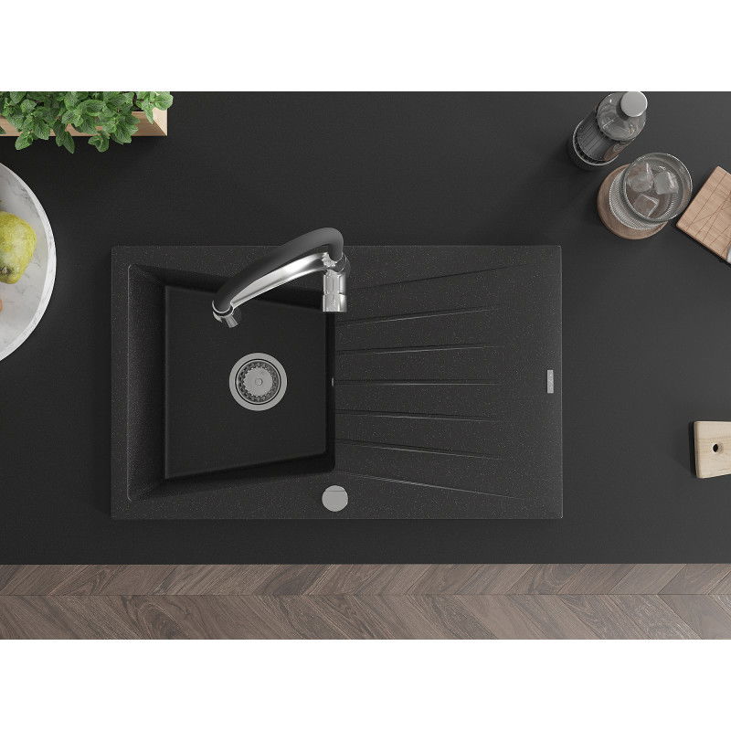 Mexen Cesar granite sink, single-bowl with drainer and Aster kitchen tap, black/silver metallic - 6514-73-73450-07