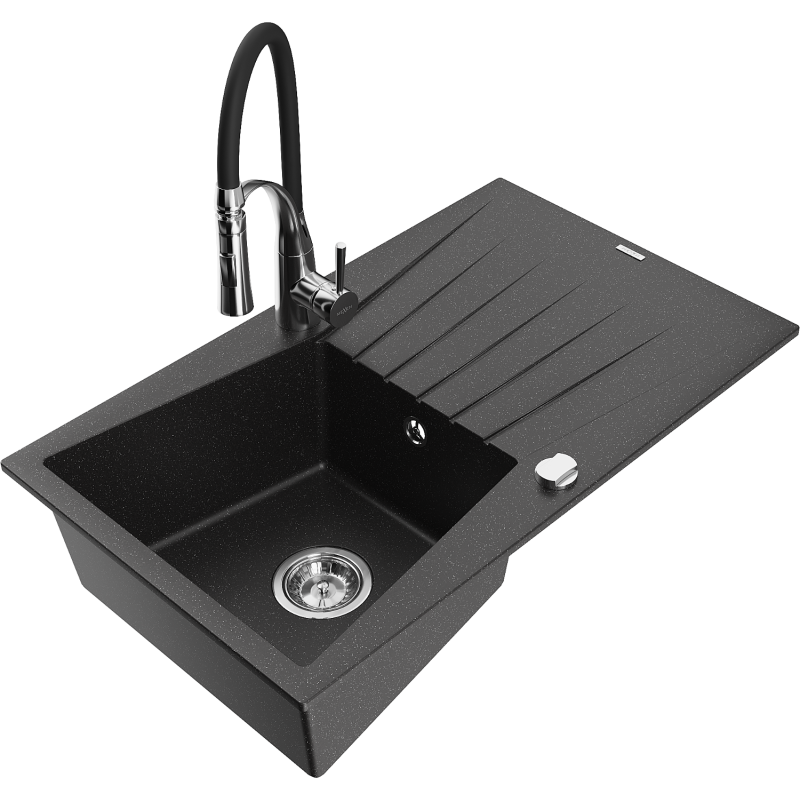 Mexen Cesar 1-compartment granite sink with a drip tray and kitchen mixer tap Aster, Black/Silver metallic - 6514-73-73450-07