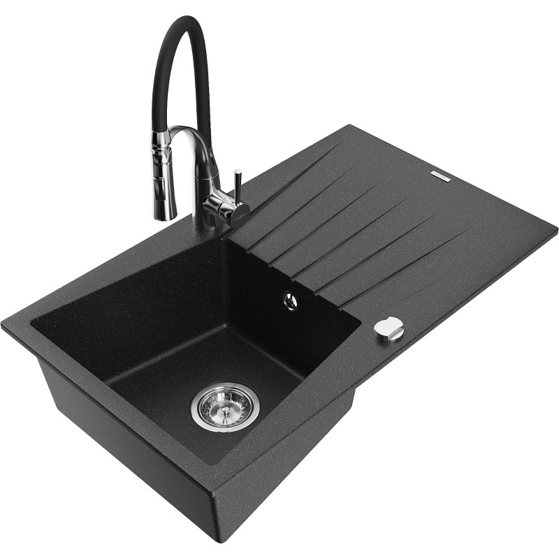 Mexen Cesar granite kitchen sink 1-bowl with drainer and kitchen faucet Aster, black/silver metallic - 6514-73-73450-07