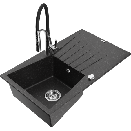 Mexen Cesar 1-compartment granite sink with a drip tray and kitchen mixer tap Aster, Black/Silver metallic - 6514-73-73450-07