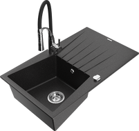 Mexen Cesar granite sink, single-bowl with drainer and Aster kitchen tap, black/silver metallic - 6514-73-73450-07