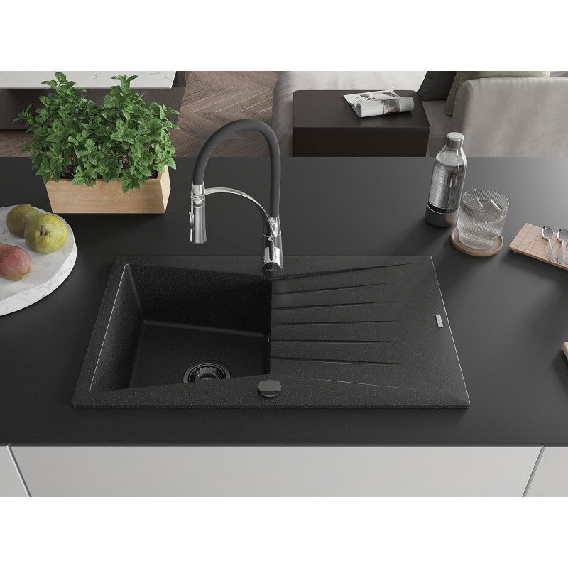 Mexen Cesar granite sink 1-bowl with drainer and Aster kitchen tap, black/silver metallic - 6514-73-73450-07-B