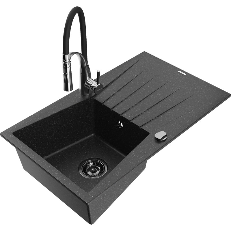 Mexen Cesar 1-bowl granite sink with drainer and Aster kitchen faucet, black/silver metallic - 6514-73-73450-07-B