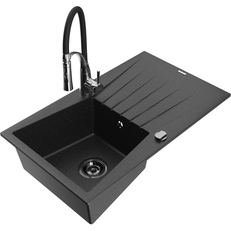 Mexen Cesar 1-bowl granite sink with drainer and Aster kitchen faucet, black/silver metallic - 6514-73-73450-07-B