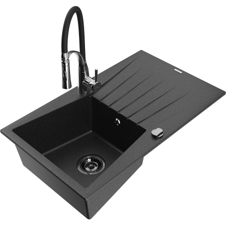 Mexen Cesar 1-compartment granite sink with a drip tray and kitchen mixer tap Aster, Black/Silver metallic - 6514-73-73450-07-B
