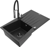 Mexen Cesar granite sink 1-bowl with drainer and Aster kitchen faucet, black/silver metallic - 6514-73-73450-07-B
