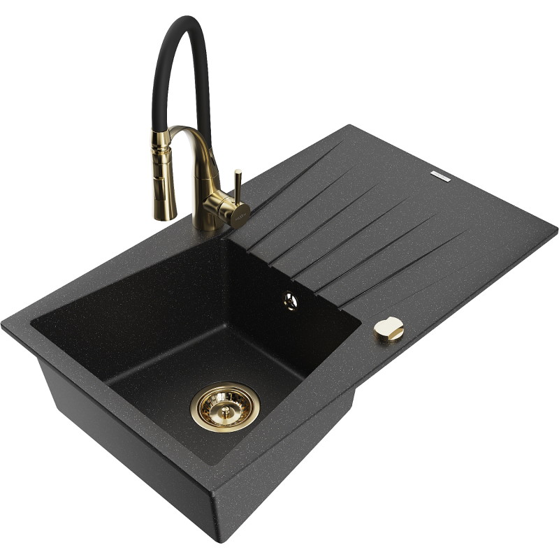 Mexen Cesar granite 1-bowl sink with drainer and Aster kitchen faucet, black/silver metallic - 6514-73-73450-57-G